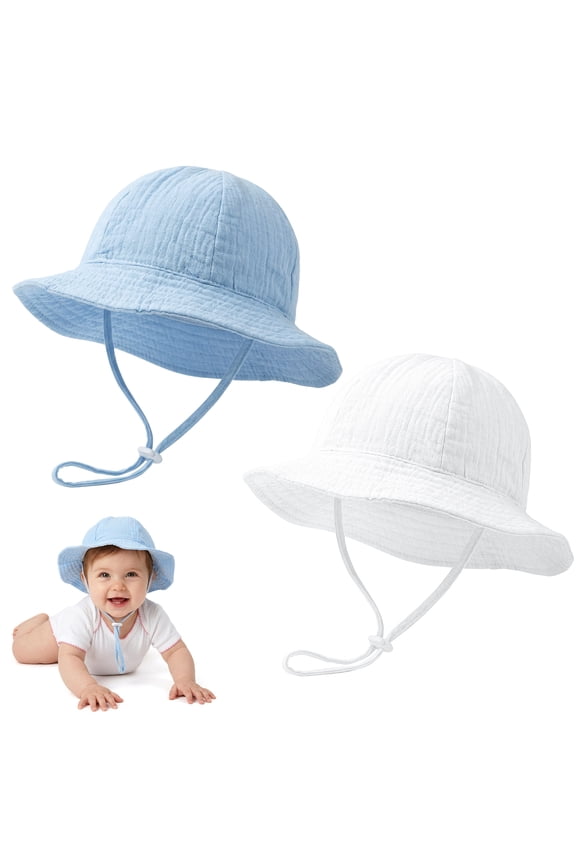 2 Pack Baby Sun Hat with UPF 50+ Sun Protection, Wide Brim Muslin Fisherman Sunhat for Infants 3-12 Months, Windproof Sun Hat with Adjustable Chin Strap for Boys Girls Beach Park