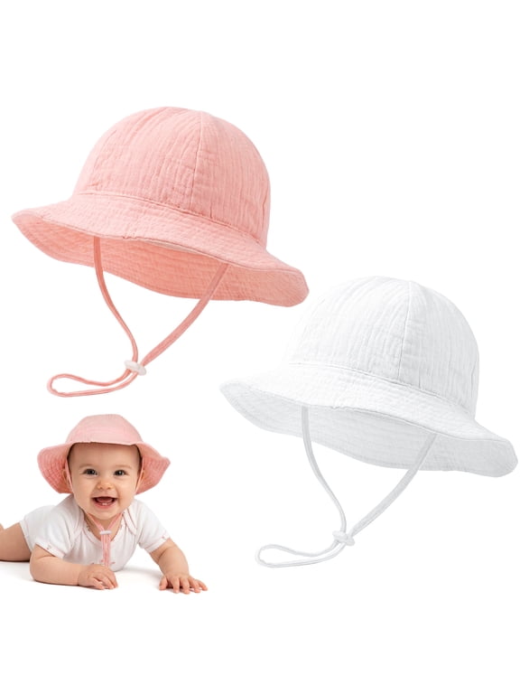 2 Pack Baby Sun Hat with UPF 50+ Sun Protection, Wide Brim Muslin Fisherman Sunhat for Infants 3-12 Months, Windproof Sun Hat with Adjustable Chin Strap for Boys Girls Beach Park