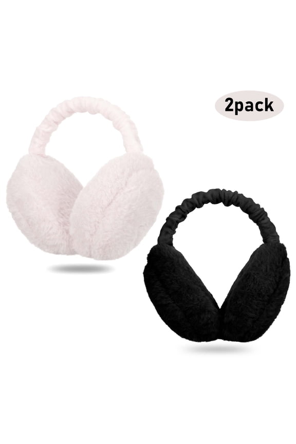 2 Pack Ear Muffs for Winter Women Men, Foldable Soft Faux Fur Earmuffs, Adjustable Plush Outdoor Earmuffs for Skiing Cycling Hiking Running (Black and White)
