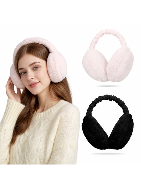 2 Pack Ear Muffs for Winter Women, Foldable Soft Faux Fur Earmuffs, Adjustable Plush Outdoor Earmuffs for Skiing Cycling Hiking Running (Black and White)