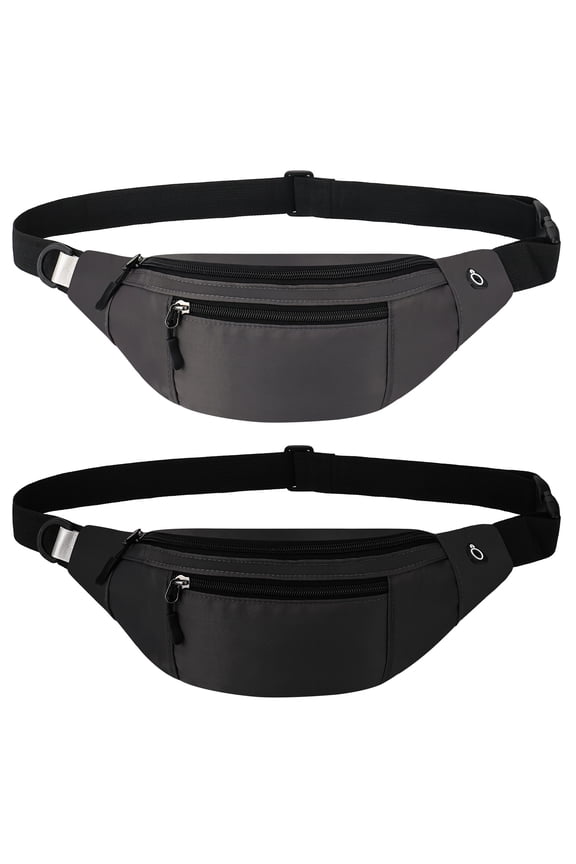 2 Pack Fanny Pack for Men Women, Lightweight Waist Bag with 2-Zipper Pockets, Water Resistant Sports Bum Bag with Adjustable Strap for Hiking Running Cycling (Black, Gray)