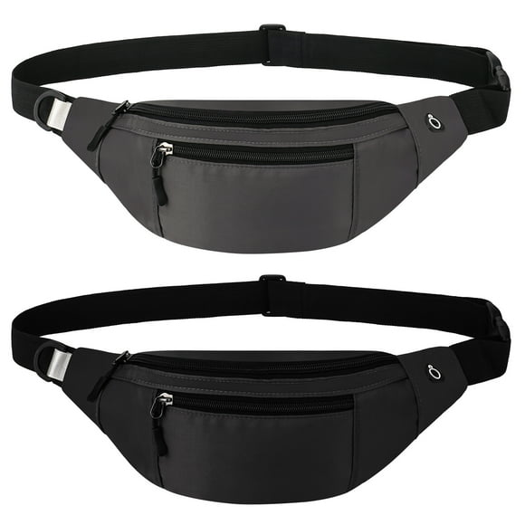 2 Pack Fanny Pack for Men Women, Lightweight Waist Bag with 2-Zipper Pockets, Water Resistant Sports Bum Bag with Adjustable Strap for Hiking Running Cycling (Black, Gray)