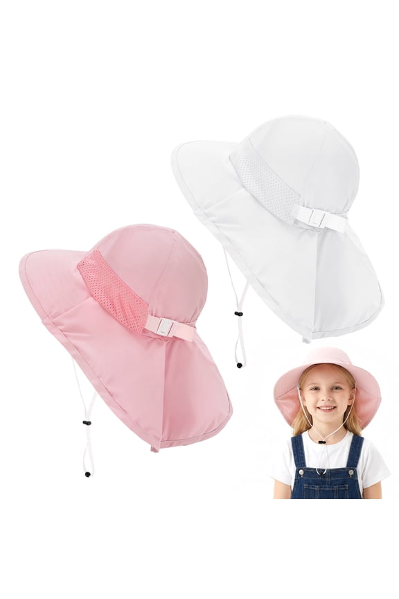 2-Pack Kids Sun Hat, Toddler Fishing Hat with Neck Flap, Baby Bucket Hat with Adjustable Chin Strap & Breathable Mesh for Outdoor Beach, Summer (Pink & White, 2-6 Years, 6-12 Years)