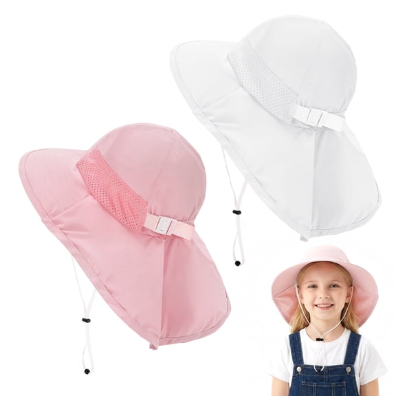 Bocaoying 2-Pack Kids Sun Hat, Toddler Fishing Hat with Neck Flap, Baby Bucket Hat with Adjustable Chin Strap & Breathable Mesh for Outdoor Beach, Summer (Pink & White, 6-12 Years)