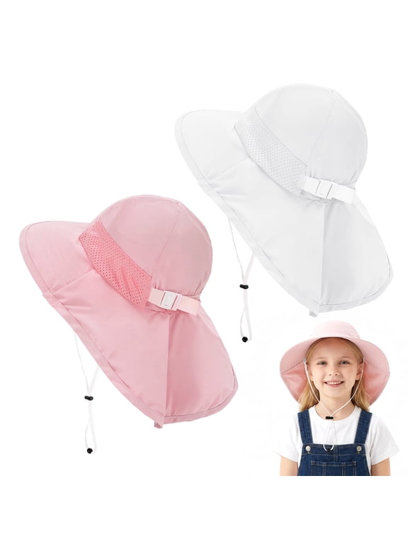 2-Pack Kids Sun Hat, Toddler Fishing Hat with Neck Flap, Baby Bucket Hat with Adjustable Chin Strap & Breathable Mesh for Outdoor Beach, Summer (Pink & White, 6-12 Years)