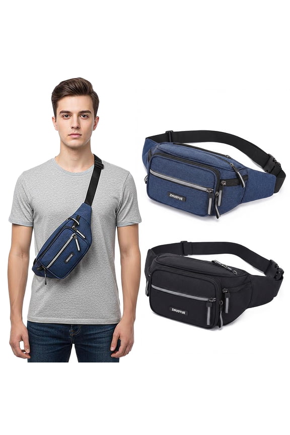 2 Pack Multi-Pockets Fanny Packs for Men Women, Crossbody Bag Waist Bag with 6-Zipper Pockets and Adjustable Straps, Water Repellent Bum Bag for Outdoors Sports Travel Hiking Running