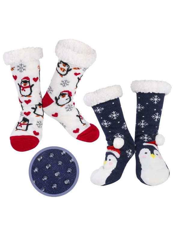 2 Pack Soft Fuzzy Slipper Socks, Floor Socks with Lining Plush Edge, Penguin and Christmas Design Fluffy Grip Socks, Cozy Warm Socks for Gifts or Home, US 5-9.5