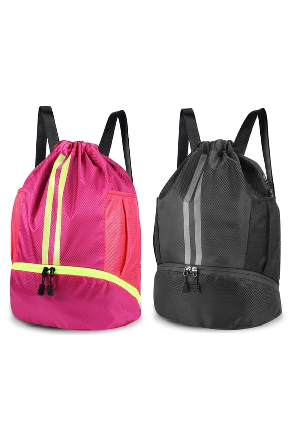 2 Pcs 3-Compartment Sports Drawstring Backpack, Water-Resistant Gym Bag with Wet/Dry Separation, Side Pockets & Zipper Pocket, Lightweight Swim Soccer Basketball Sack