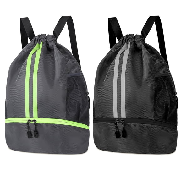 Bocaoying 2 Pack 3-Compartment Sports Drawstring Backpack, Water-Resistant Gym Bag with Wet/Dry Separation, Side Pockets & Zipper Pocket, Lightweight Swim Soccer Basketball Sack
