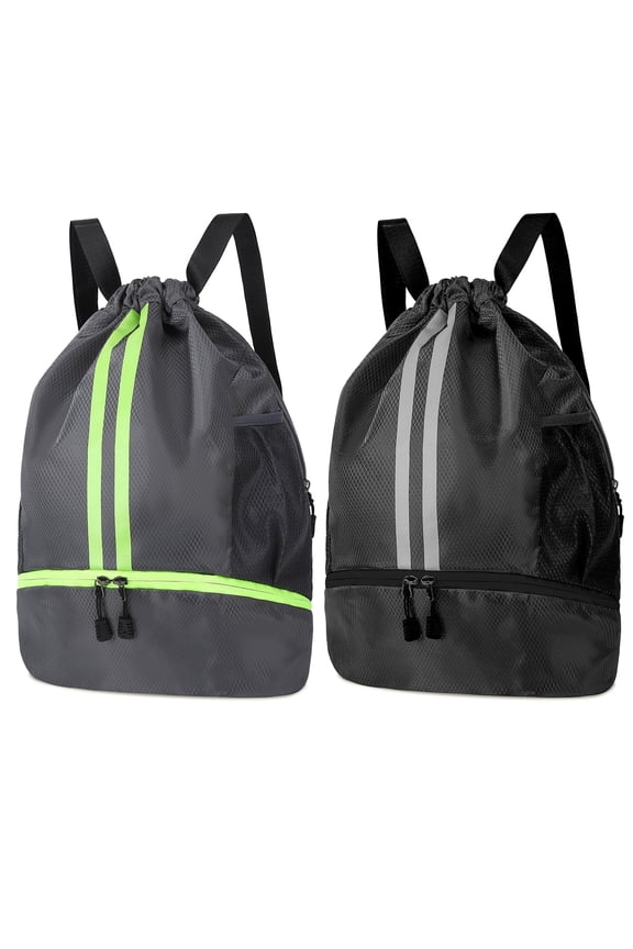 2 Pack 3-Compartment Sports Drawstring Backpack, Water-Resistant Gym Bag with Wet/Dry Separation, Side Pockets & Zipper Pocket, Lightweight Swim Soccer Basketball Sack