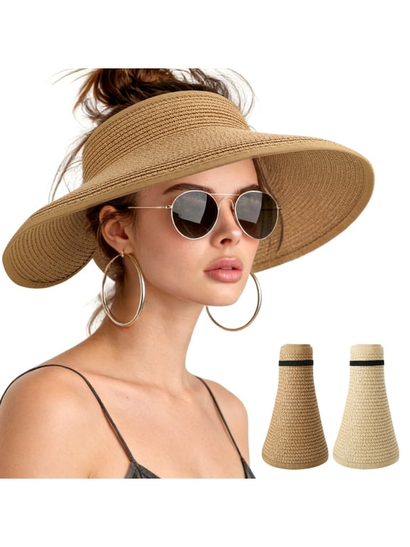 2 Pack Straw Sun Visors for Women, Packable Beach Sunhat, Rollup Ponytail Visor Hat for Summer Outdoor, Travel, Hiking, Fishing