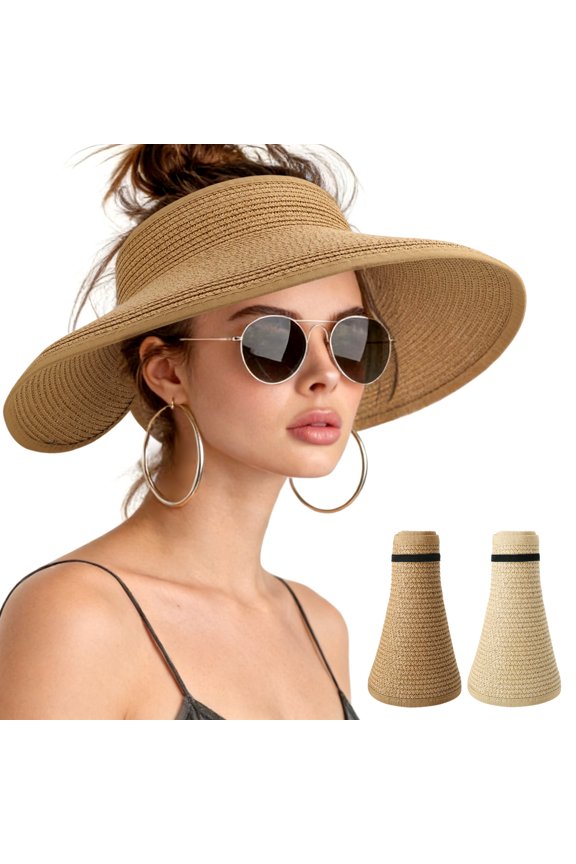 2 Pack Straw Sun Visors for Women, Packable Beach Sunhat, Rollup Ponytail Visor Hat for Summer Outdoor, Travel, Hiking, Fishing