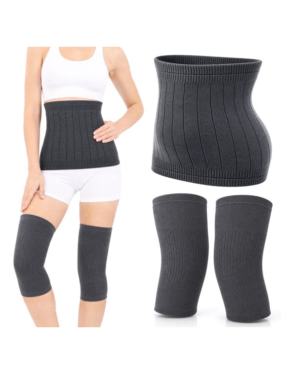 2 Pack Thermal Blend Knee & Waist Warmers with Wool, Grey XXL Fleece Lined Back Support Belt for Cold Weather, Circulation Comfort for Sports & Daily Wear