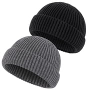 Bocaoying 2 Pack Ribbed Knit Toboggan Beanie Hat for Men Women, Thick Knit Acrylic Blend Fisherman Hat, Thermal Windproof Winter Trawler Cap for Skiing, Hiking, Biking, One Size, Grey/Black