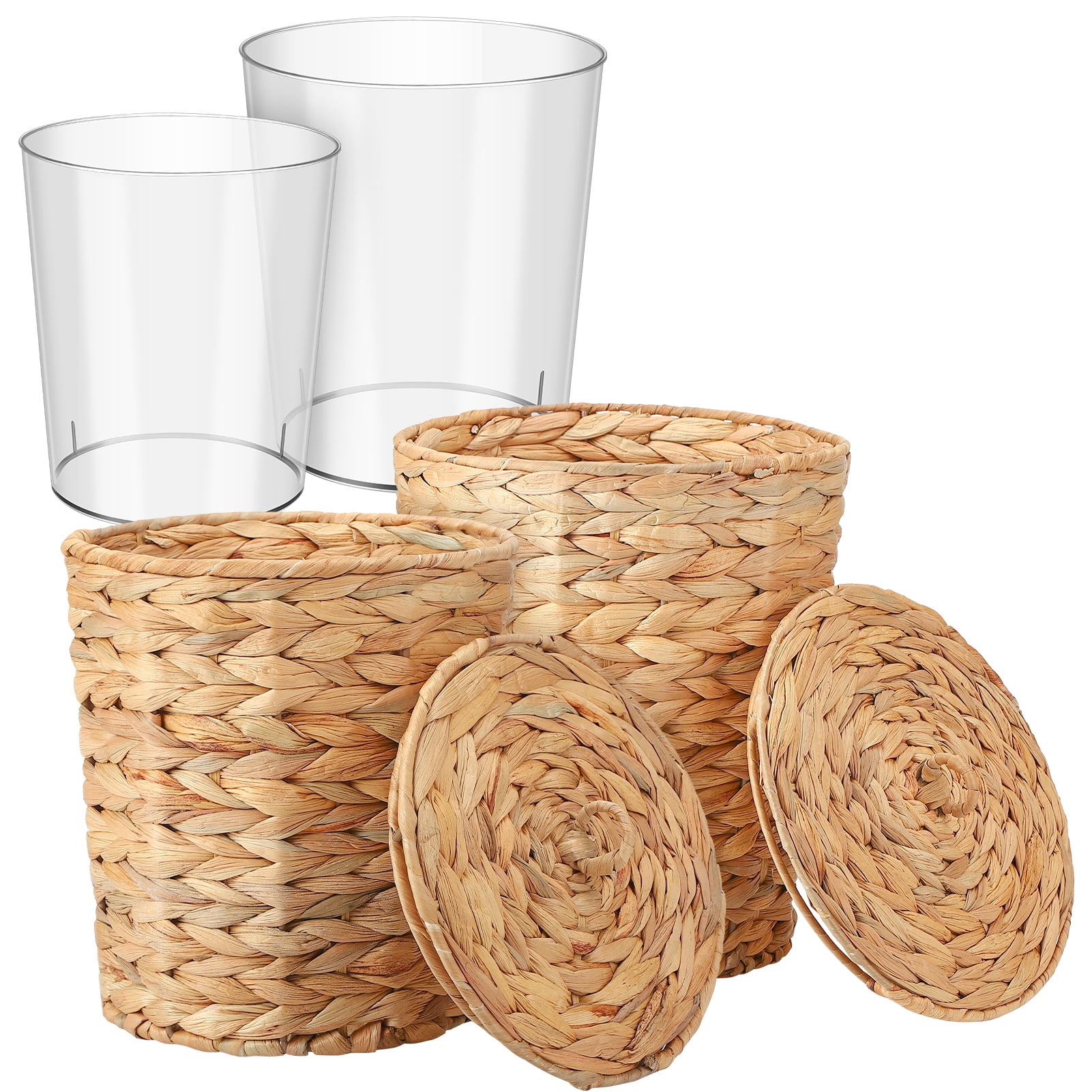 Bocaoying 2 Pack Wicker Trash Cans with Removable Lids and Liner, Handmade Woven Wastebaskets with Stainless Steel Frames, Garbage Cans for Kitchen Bathroom Bedroom (1.9 and 2.7 Gallons )