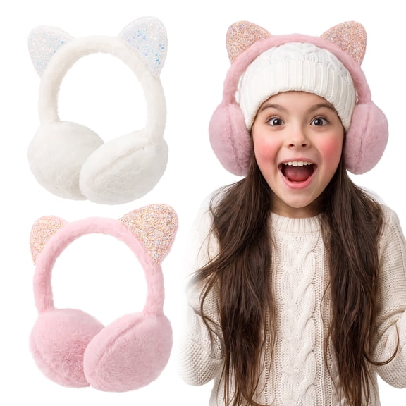 Bocaoying 2 Pack Winter Ear Muffs for Kids, Glitter Cat Ear Plush Ear Warmers, Soft Faux Fur Girls Earmuffs for Outdoor Skiing Camping Hiking (Pink & White)