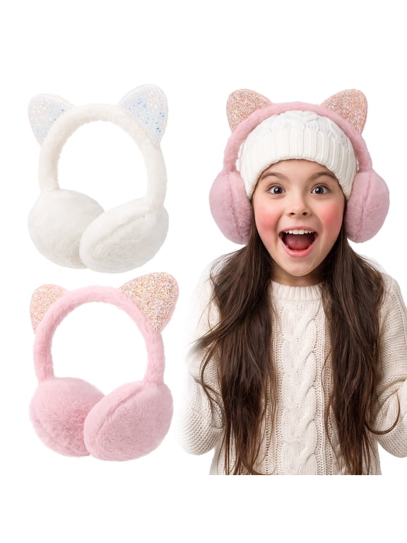 2 Pack Winter Ear Muffs for Kids, Glitter Cat Ear Plush Ear Warmers, Soft Faux Fur Girls Earmuffs for Outdoor Skiing Camping Hiking (Pink & White)