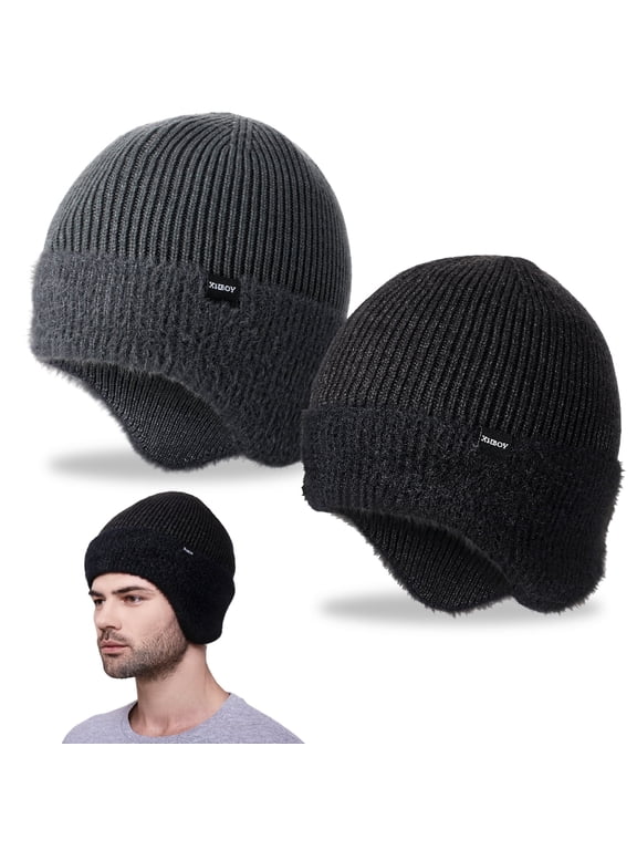 2-Pack Men's Winter Toboggan Beanie with Ear Flaps, Cozy Fleece-Lined Thermal Trapper Hat for Ear Protection & Outdoor Warmth - Cold Weather Knitted Cap for Family and Partner