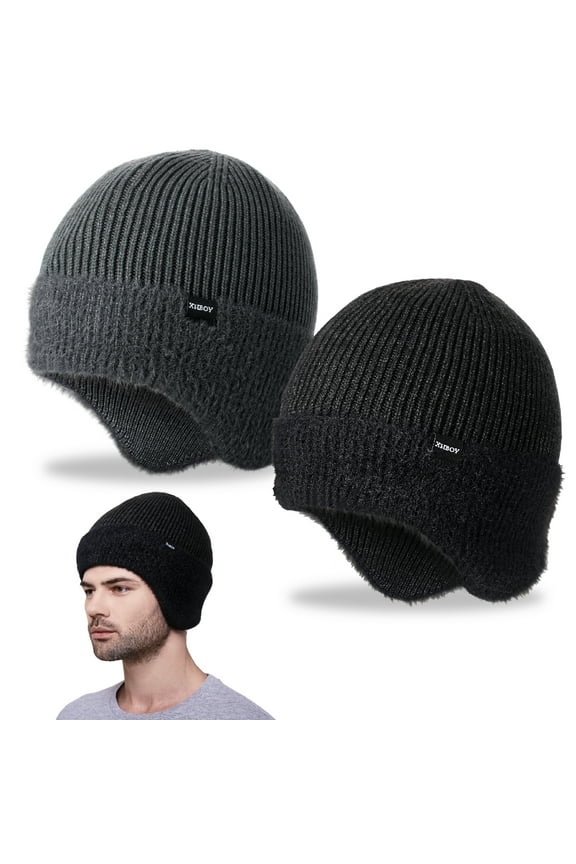 2-Pack Men's Winter Toboggan Beanie with Ear Flaps, Cozy Fleece-Lined Thermal Trapper Hat for Ear Protection & Outdoor Warmth - Cold Weather Knitted Cap for Family and Partner