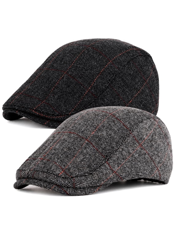 2 Pack Winter Newsboy Hats for Men, Breathable Beret Cap, Driving Flat Hats, Adjustable Elastic Newsboy Hat for Outdoor, Driving, Hunting, Casual, Golf, 22"-24", Black/Grey