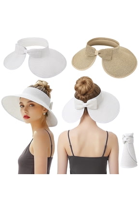 2-Pack Women's Foldable Wide Brim Sun Hat, UPF Sun Protection Straw Hat, Ponytail Opening & Bow Design Straw Sun Hat for Beach, Vacation, Summer Outdoor, Black/Khaki & Beige/White
