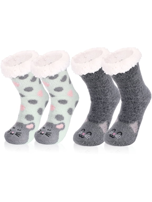 2 Pairs Cat Slipper Socks for Women, Funny Cute Cat Socks, Fuzzy Socks with Grips Winter, Cozy Warm Coral Fleece Socks, Soft Grip Fluffy Socks, Perfect Gift for Christmas Birthday New Year