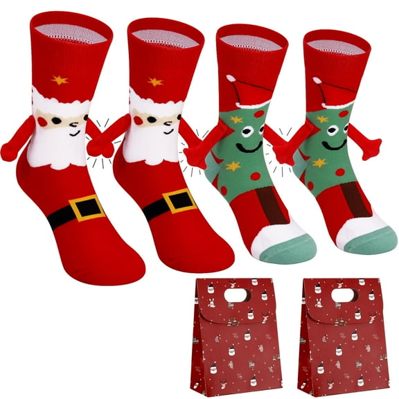 Bocaoying 2 Pairs Christmas Socks and 2pcs Christmas Gift Bags, Magnetic Hand Holding Socks, Funny Magnetic Suction 3D Doll Design for Christmas and New Year