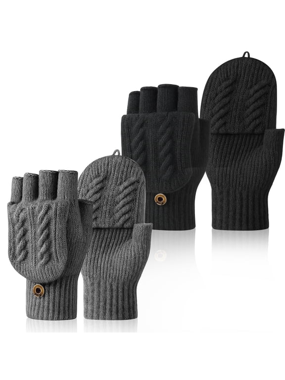 2 Pairs Convertible Flip Top Fingerless Gloves, Thermal Soft Knit Winter Gloves, Windproof Warm Fingerless Mittens for Men Women, Black & Gray
