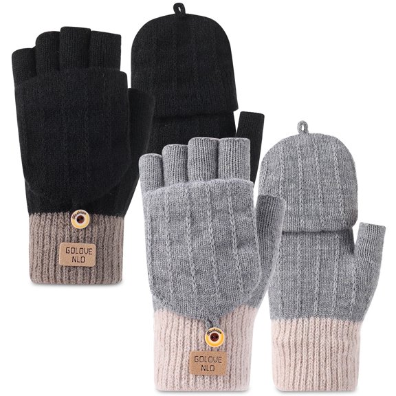 Bocaoying 2 Pairs Fingerless Gloves for Women, Winter Fingerless Mittens with Finger Flap, Warm Half Finger Knitted Mittens for Cold Weather, Black/Grey, One Size