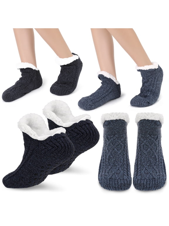 2 Pairs Fluffy Fuzzy Warm Slipper Socks for Men, Thick Fleece Lined Non-Slip Socks with Grip Indoor Floor, Size Large