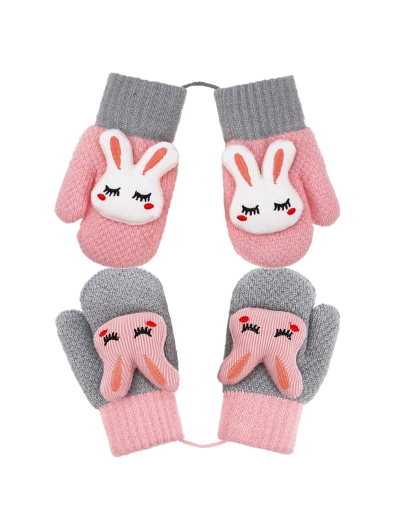 2 Pairs Kids Mittens on String for Toddler, Knitted Glove Plush Lining Rabbit Gloves for 1-3 Years Old, Winter Lining Infant Gloves Warm Thermal Gloves, Pink/Grey, One Size