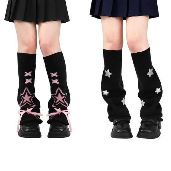 Bocaoying 2 Pairs Knitted Leg Warmers for Women with Star Accents, Thigh High Cable Knit Socks, Stretchy Long Boot Covers for Daily School, Y2K Kawaii Goth Accessories, 80s Party Sports, Black