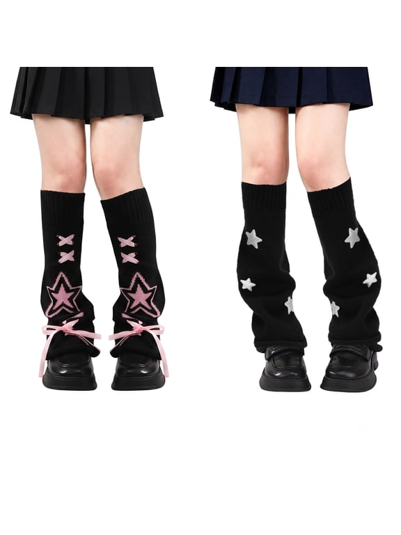 2 Pairs Knitted Leg Warmers for Women with Star Accents, Thigh High Cable Knit Socks, Stretchy Long Boot Covers for Daily School, Y2K Kawaii Goth Accessories, 80s Party Sports, Black