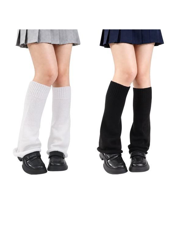 2 Pairs Knitted Leg Warmers for Women, Thigh High Cable Knit Socks, Stretchy Loong Boot Covers for Daily School, Y2K Kawaii Goth Accessories, 80s Party Sports, Black & White