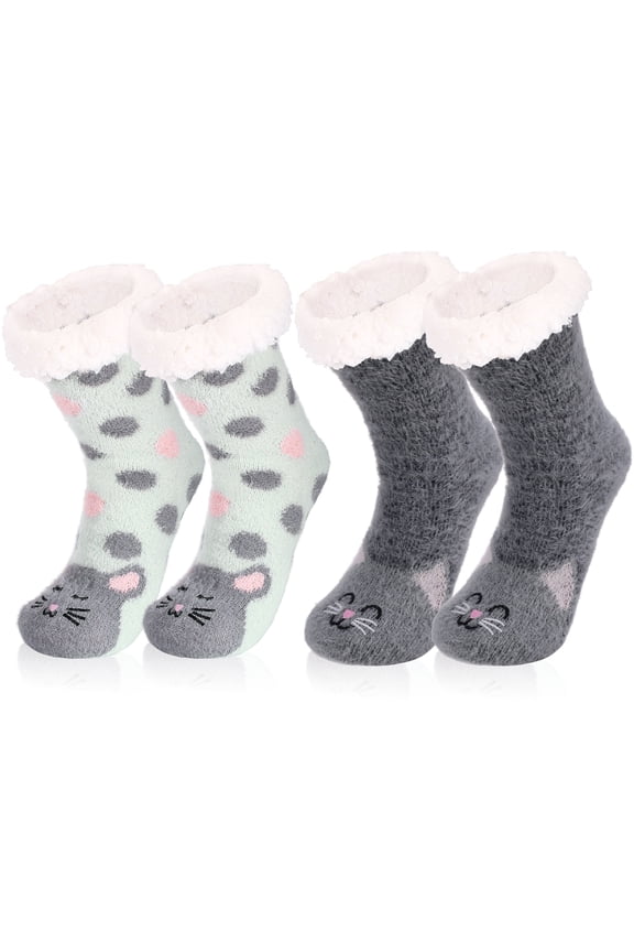 2 Pairs Cat Slipper Socks for Women, Funny Cute Cat Socks, Fuzzy Socks with Grips Winter, Cozy Warm Coral Fleece Socks, Soft Grip Fluffy Socks, Perfect Gift for Christmas Birthday New Year