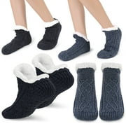 BOCAOYING 2 Pairs Unisex Fluffy Fuzzy Warm Slipper Socks for Men Women, Thick Fleece Lined Non-Slip Socks with Grip Indoor Floor