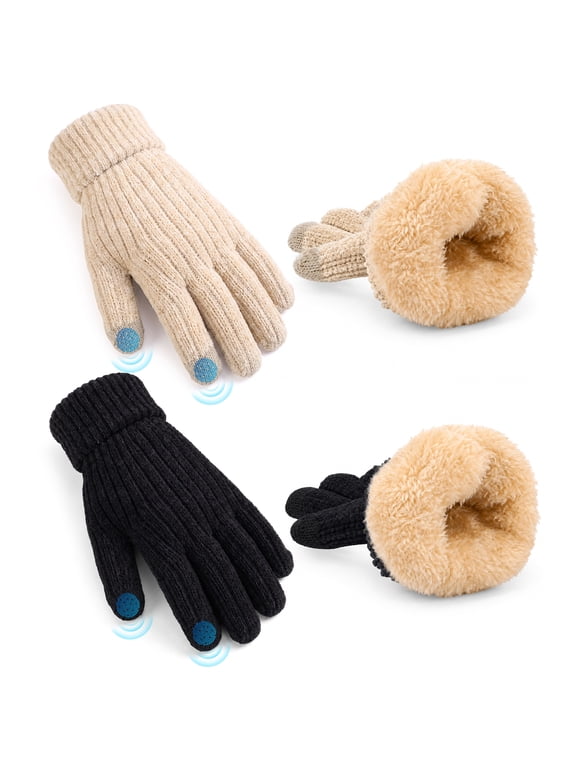 2 Pairs Winter Chenille Gloves for Women, Thick Fleece Lined Touchscreen Gloves with Elastic Cuff, Soft Thermal Knit Mittens for Cold Weather, Beige/Black, L