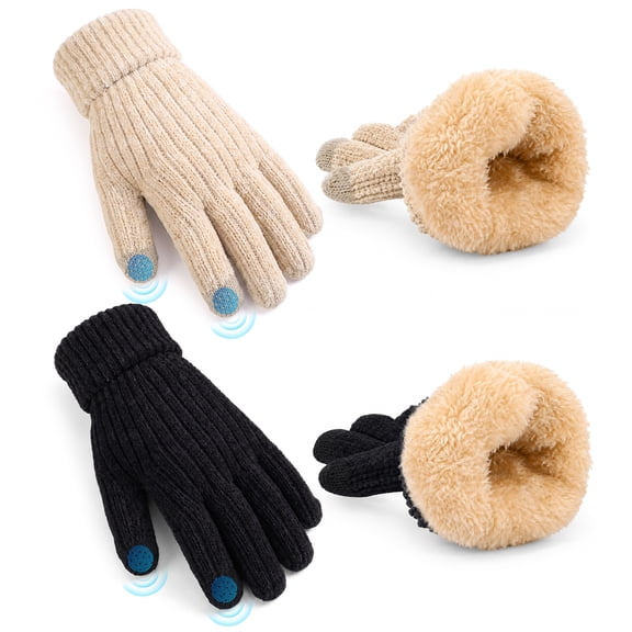 Bocaoying 2 Pairs Winter Chenille Gloves for Women, Thick Fleece Lined Touchscreen Gloves with Elastic Cuff, Soft Thermal Knit Mittens for Cold Weather, Beige/Black, L