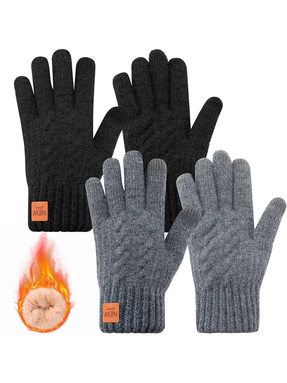 2 Pairs Winter Gloves for Men, Touchscreen Warm Knitted Gloves, Warm Glove Liners, Elastic Knit Snow Gloves for Winter Running Hiking