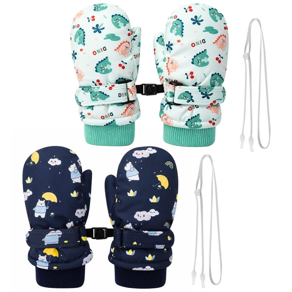 Bocaoying 2 Pairs Winter Mittens for Toddlers, Waterproof Snow Gloves with Clips & Adjustable Straps, Cozy Fleece Lined Warm Gloves for Boys Girls Great Gift