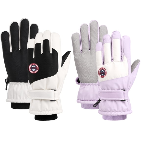 Bocaoying 2 Pairs Winter Ski Snow Gloves for Men Women Youth, Waterproof Windproof Thermal Touchscreen Gloves with Anti-Slip Palm, Thick Fleece Lined Cold Weather Work Gloves, Black/Purple