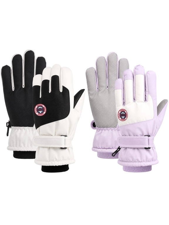 2 Pairs Winter Ski Snow Gloves for Men Women Youth, Waterproof Windproof Thermal Touchscreen Gloves with Anti-Slip Palm, Thick Fleece Lined Cold Weather Work Gloves, Black/Purple