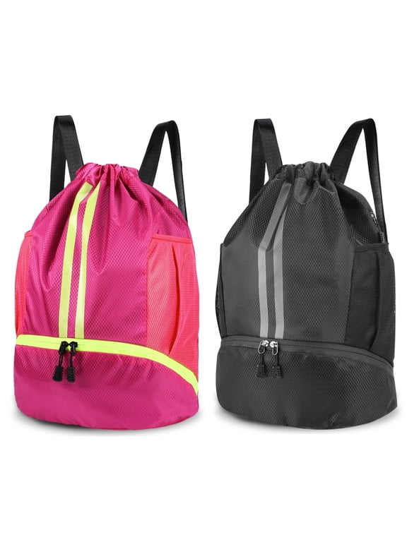 2 Pcs 3-Compartment Sports Drawstring Backpack, Water-Resistant Gym Bag with Wet/Dry Separation, Side Pockets & Zipper Pocket, Lightweight Swim Soccer Basketball Sack