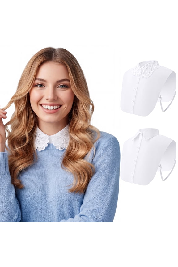 Womens Fake Collar Detachable Dickey Collar, White & Lace Blouse Half Shirts Collar, 2 Pack