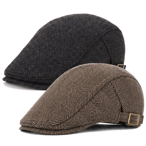 2 Pcs Newsboy Caps for Men, Adjustable Flat Cap with Cotton-Poly Blend Tweed, Beret with Soft Lining Sweatband, Classic Peaked Brim Cap for Driving, Casual, Golf, One Size, Black/Coffee