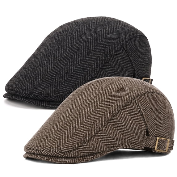 Bocaoying 2 Pcs Newsboy Caps for Men, Adjustable Flat Cap with Cotton-Poly Blend Tweed, Beret with Soft Lining Sweatband, Classic Peaked Brim Cap for Driving, Casual, Golf, One Size, Black/Coffee