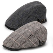 Bocaoying 2 Pcs Newsboy Caps for Men, Adjustable Flat Cap with Cotton Tweed, Beret with Soft Lining Sweatband, Classic Peaked Brim Cap for Driving, Casual, Golf, One Size 21.6"-23.6", Black/Grey