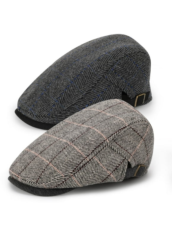 2 Pcs Newsboy Caps for Men, Adjustable Flat Cap with Cotton Tweed, Beret with Soft Lining Sweatband, Classic Peaked Brim Cap for Driving, Casual, Golf, One Size 21.6"-23.6", Black/Grey