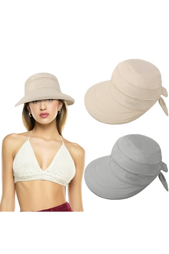 2 Pcs Women Sun Hat for Head Circumference 22.04-23.62 in, Zip Off Sun Hat Visor, Wide Brim Sun Hat Ponytail, Convertible Zip-Off Beach Hat Visor for Outdoor UV Protection