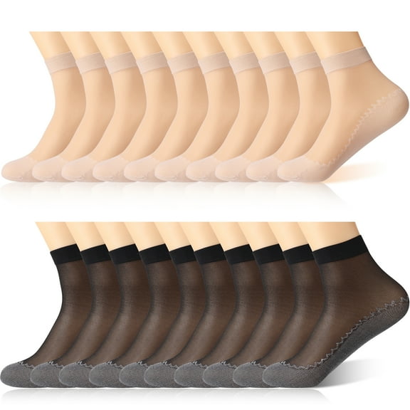 Bocaoying 20 Pairs Sheer Ankle Socks for Women, 20D Nylon Silk Socks in Black Nude, Ultra Thin Ankle-High Stocking Socks, Trouser Socks with Reinforced Toe (Fits US 5-8)